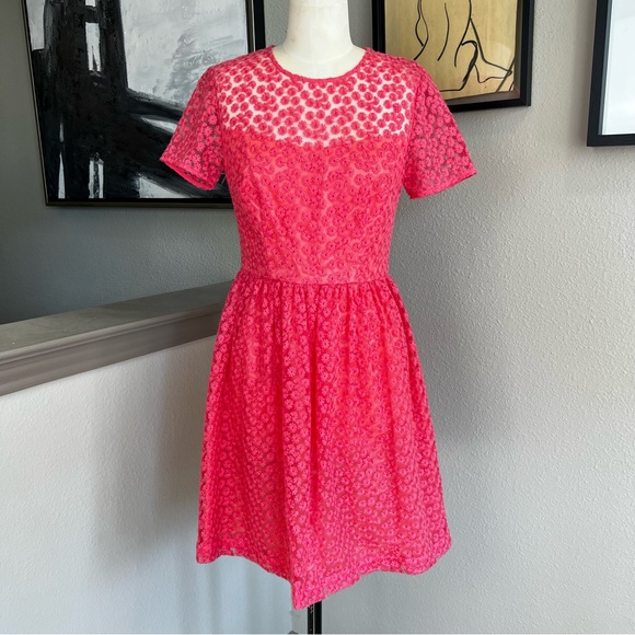 TRINA TURK pink floral daisy embroidered fit and flare Paris dress - Picture 2 of 9